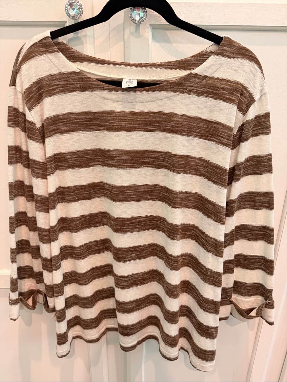 Size 2X Women's Brown and Cream Striped Boatneck Top